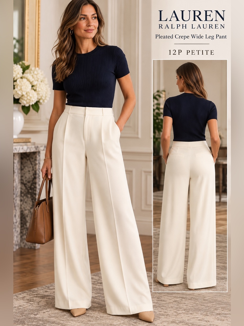 Lauren Ralph Lauren Womens 12P Pleated Crepe Wide Leg Pants Elegant Cream classy